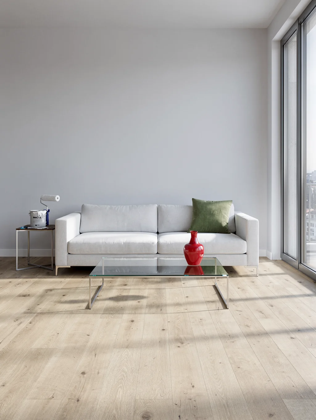 Bright, freshly painted modern living room with crisp architectural trim and clean baseboard lines