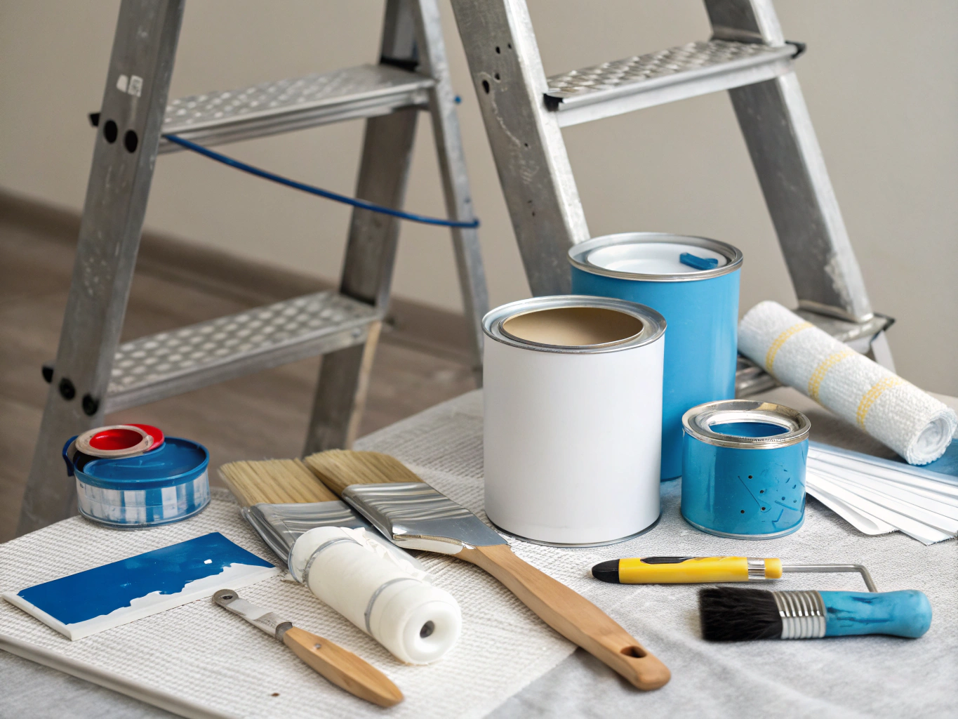 Clean professional painting tools, brushes, and paint cans prepared on a clean drop cloth