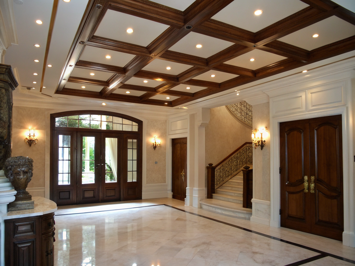 High-ceiling architectural foyer with crisp edges