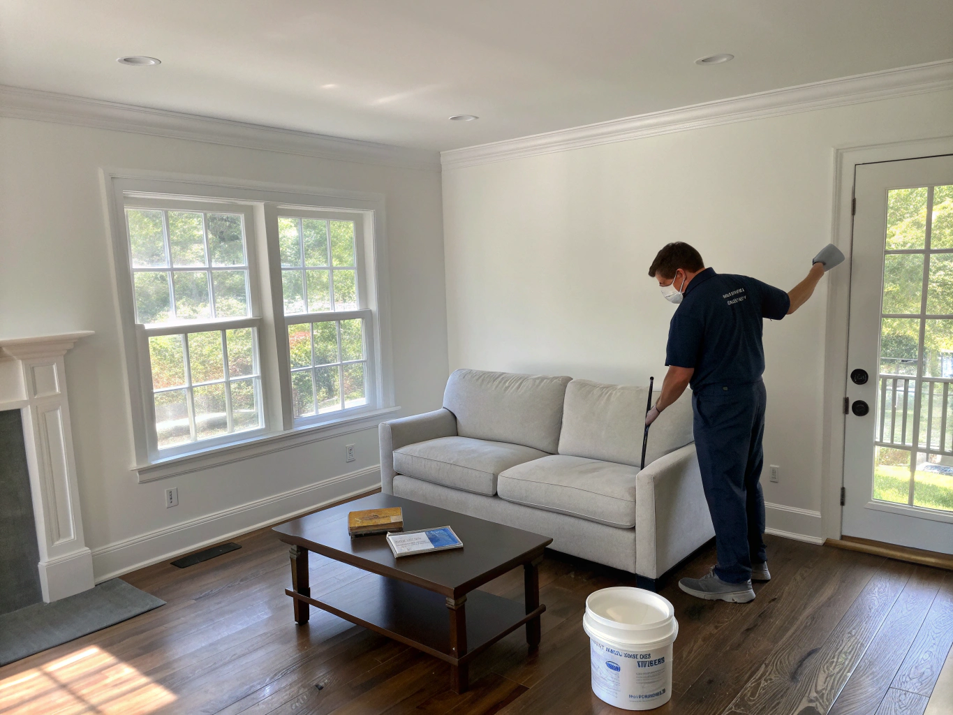 Living room after completion with crisp white walls and clean edges