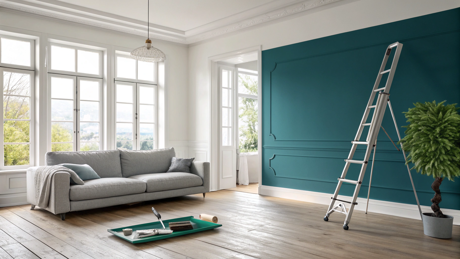 Immaculate living room renovation with clean drop cloths and fresh paint