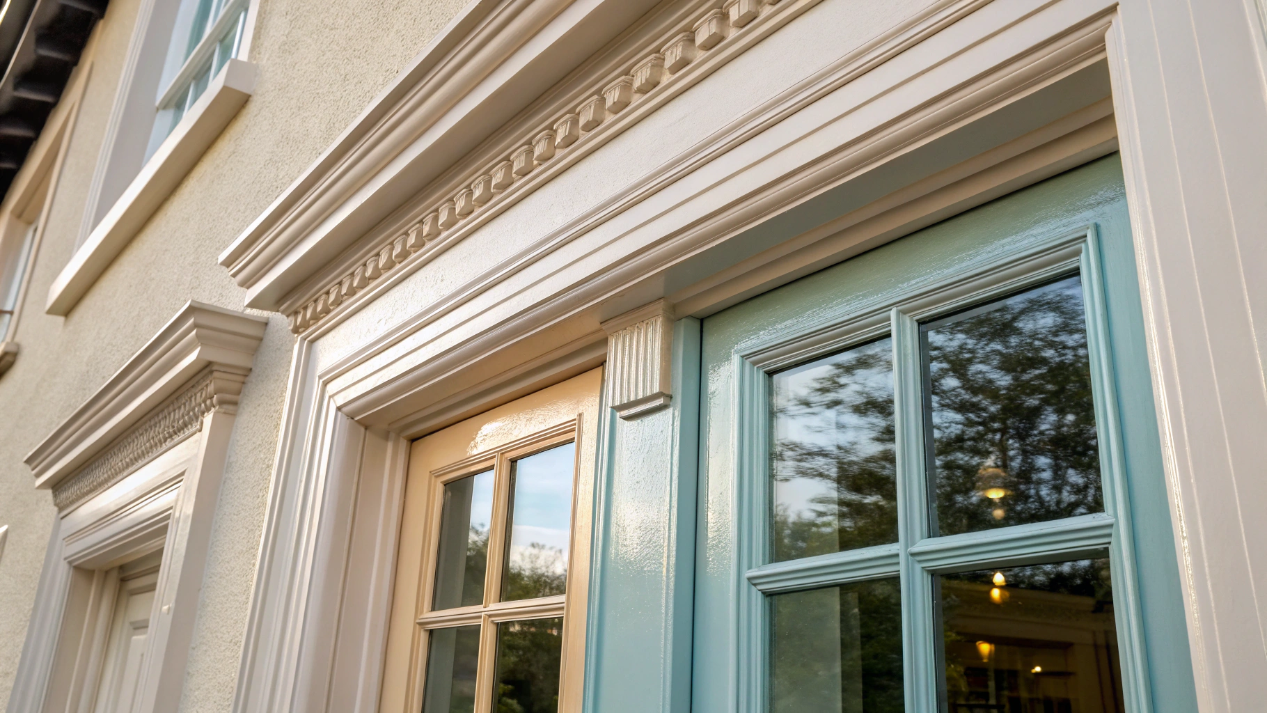 Close-up of smooth sprayed trim and door moldings with razor-sharp paint transitions